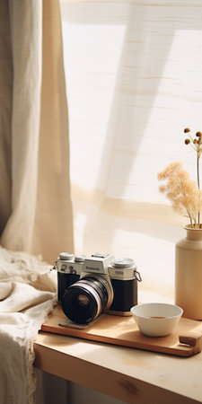 the table is adorned with a collection of captivating elements, including pictures, a camera, coffee, and plates. the scene exudes a soft and dreamy ambiance, with a color palette dominated by beige and amber tones. the minimalist backgrounds, featuring light white and black hues, enhance the overall aesthetic. the use of a konica auto s3 camera and fujifilm natura 1600 film adds a touch ofの素材