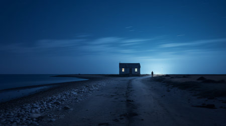 a small beach house near the ocean, with a dark sky-blue and light white color scheme. this 8k resolution photo captures the stunning views of the suffolk coast. the house is adorned with beautiful light installations, creating a hauntingly beautiful atmosphere. the night photography adds a sense of quiet contemplation to the scene. ai generatedの素材