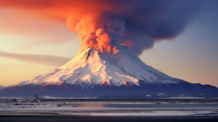 a volcano erupts, creating billowing clouds in a captivating scene reminiscent of the artistic styles of dimitry roulland and ephraim moses lilien. this detailed landscape, enhanced with rtx technology, showcases bold chromaticity in silver and crimson hues. the image evokes a sense of environmental awareness, highlighting the power and beauty of nature's forces. ai generatedの素材