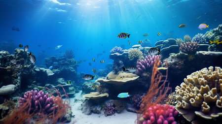 underwater coral reef teeming with vibrant fish, seaweed, and corals. this captivating image captures the essence of a tropical coral reef, showcasing a realistic portrayal of light and shadow. inspired by dutch marine scenes and vintage imagery, it brings to life the hyperrealistic beauty of marine life. the use of the zone system adds depth and dimension to this stunning underwater composition. ai generatedの素材