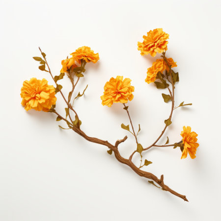 a branch of orange floppy flowers, inspired by the american studio craft movement, is delicately arranged on an empty white tablecloth. the realistic forms of the flowers draw influence from the ming dynasty, while the paper sculptures add a touch of artistic flair. the vibrant yellow hues of the flowers create a striking contrast against the white backdrop, framing the arrangement beautifully. this composition exudesの素材