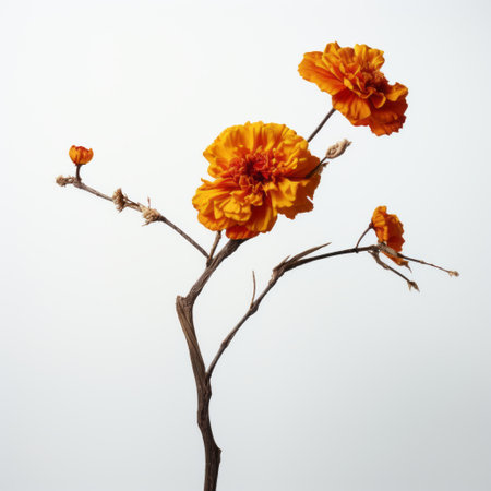 a photograph capturing a lillas vine adorned with vibrant orange flowers. this conceptual minimalist style image draws inspiration from the works of medardo rosso, featuring photography installations with creased and tattoo-inspired minimalistic objects. dao trong le's artistic touch is evident in this visually striking composition. ai generatedの素材