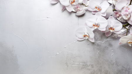 white orchids positioned near a concrete backdrop create a visually striking composition. this minimalist photograph showcases detailed background elements, soft gradients, and a refined elegance. the combination of light magenta and gray hues adds a touch of sophistication. the distressed surfaces and smooth, curved lines further enhance the overall aesthetic. ai generatedの素材