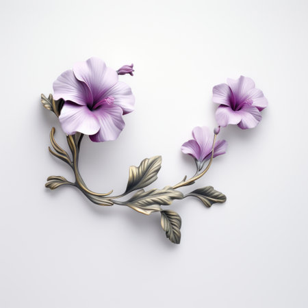a bouquet of three white flowers with purple leaves is elegantly arranged on a white surface. the flowers, reminiscent of the baroque style, are beautifully crafted in 3d with delicate minimalism. made of wrought iron, the flowers feature a combination of light purple and gold hues. this artistic creation by serge marshennikov showcases rococo-inspired details. ai generatedの素材