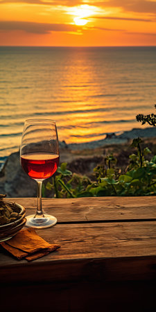 a dish, made of vines, is placed on a table near a captivating sunset. the coastal scenery adds to the beauty of the dark amber and pink color scheme. this eye-catching photo, taken with a nikon d750 and carl zeiss distagon t 15mm f/2.8 ze lens, showcases a saturated and mesmerizing composition. ai generatedの素材