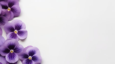purple pansies arranged in an abstract design on a white background. this minimalist composition showcases the beauty of the flowers with selective focus. the uhd image captures the intricate details of the pansies, creating an innovative page design. perfect for minimalist enthusiasts, this photo exudes simplicity and elegance. ai generatedの素材