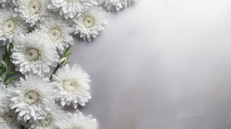 white chrysanthemums and dianthus create elegant flower wreaths on a soft silver background. this minimalist composition showcases textured backgrounds and a subtle play of light and shadow. the marble-like effect adds a touch of sophistication to the uniformly staged image, while the asymmetrical composition adds an element of interest. perfect for capturing the beauty of happenings. ai generatedの素材