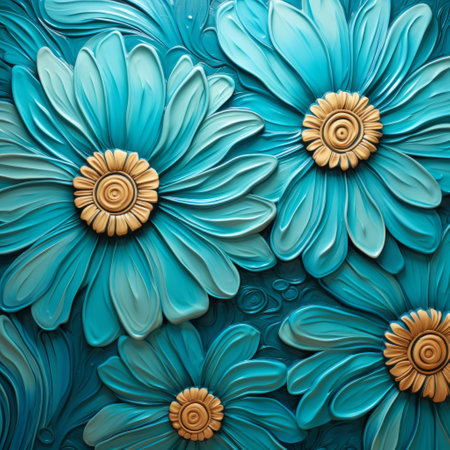 a wall background featuring highly detailed, hand-painted illustrations of colorful blue flowers in an organic sculpting style. the design showcases mosaic-inspired realism with teal and bronze accents, creating a visually stunning and vibrant display. the intricate paper sculptures and teal and yellow elements add depth and dimension to the overall composition. ai generatedの素材