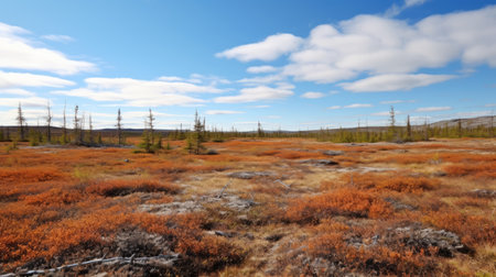 a vibrant field of red plants and grass, reminiscent of tyko sallinen's style, stands against a dark sky-blue and light amber backdrop. this naturecore scene showcases saturated pigment pools, creating a whistlerian atmosphere. the burnt-charred hues of light orange and light gray add depth and intrigue to this captivating image. ai generatedの素材
