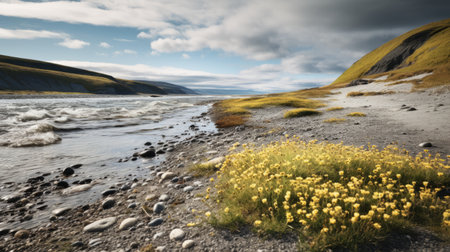 green grass by the water, in the style of yellow and silver, captured in this national geographic photo. the terragen software beautifully renders the norwegian nature, showcasing delicately rendered landscapes and romantic riverscapes. this british topographical image is a stunning representation of the serene beauty found in nature. ai generatedの素材