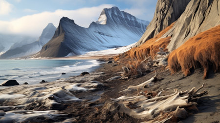 a mountain road winds through rocky terrain, with a snow-covered mountain in the background. the photo captures the unique style of wavy resin sheets, reminiscent of the work of antti lovag. this national geographic photo showcases lively coastal landscapes, with a mix of light brown and orange hues. colorful woodcarvings add to the vibrant scene, creating spectacular backdrops. ai generatedの素材