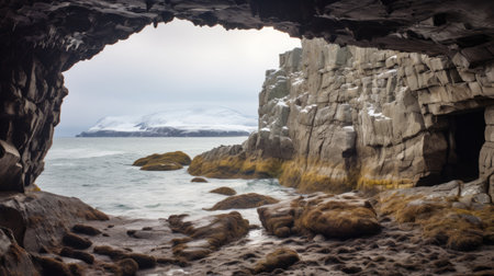 the entrance of an abandoned cave, surrounded by rocks, showcases the dramatic seascapes of norwegian nature. this national geographic photo captures the essence of the location, using a rodenstock imagon 300mm f58 lens. the light gray and amber tones add depth to the detailed marine views, creating a captivating image. ai generatedの素材