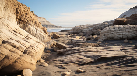 rocks and sand are beautifully intertwined in this photo captured with the sony fe 12-24mm f/2.8 gm lens. the vibrant woodcarvings add a pop of color to the layered landscapes, creating a captivating scene. horizontal stripes, reminiscent of california plein air art, enhance the play of light and shadow. the tonal landscapes in light black and beige evoke a sense of tranquility. ai generatedの素材