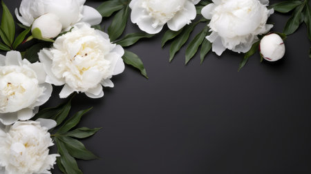 a bouquet of white peonies is beautifully arranged on a black background, creating an elegant and striking contrast. the asymmetrical framing and minimalist background enhance the intricate foliage of the flowers. this uhd image, captured by lilia alvarado, showcases an innovative page design with decorative borders. ai generatedの素材