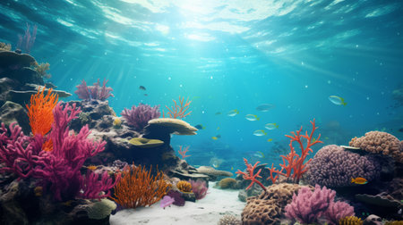 an underwater coral reef teeming with vibrant and colorful corals is depicted in this hyperrealistic illustration. sunrays illuminate the scene, creating a photorealistic rendering. the corals showcase shades of dark pink and sky-blue, adding to the serene and tranquil ambiance of this kimoicore seaside scene. ai generatedの素材