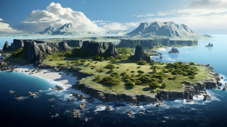 an aerial view of a fantasy-type island in the ocean, featuring an island hovering above it. the image is rendered in the style of unreal engine, reminiscent of the works of george caleb bingham. this ultra-high-definition (uhd) image by kerem beyit showcases pastoral landscapes, alien worlds, and lively coastal landscapes. ai generatedの素材