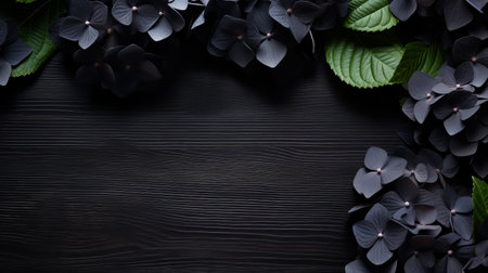 black hydrangea flowers on a wooden background create a captivating design template. this vector image showcases a dark and stylish aesthetic, reminiscent of the ricoh gr iii camera's minimalist backgrounds. the tabletop photography captures the mysterious elegance of nature-inspired installations, featuring dark navy hues and intricate leaf patterns. ai generatedの素材