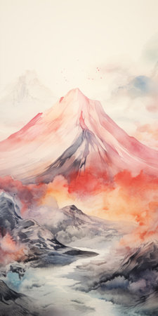 a digital watercolor illustration of a mountain with clouds on top, showcasing a neo-traditional japanese style. the artwork features a blend of light red and light amber tones, combining realism with fantasy elements. the large-scale painting captivates with its eye-catching composition, subtle shading, and is ideally suited for large-scale canvases. ai generatedの素材