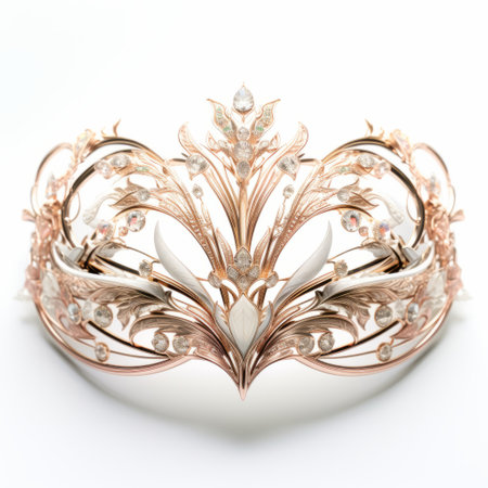 a floral royal crown adorned with rose gold and diamonds, featuring intricate patterns and delicate lines. rendered in cinema4d, this art nouveau-inspired piece draws inspiration from ritualistic masks and the works of stanisaw ignacy witkiewicz. the naturalistic play of light and shadow adds depth to the design, reminiscent of the style of serge marshennikov. ai generatedの素材