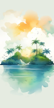 an island with palm trees and water at sunset, depicted in a delicate watercolor style. the colorful imagery showcases light turquoise and dark green hues, while vivid birdlife adds to the vibrant atmosphere. this colorful cartoon-like depiction of nature-inspired imagery serves as a beautiful landscape inspiration. ai generatedの素材