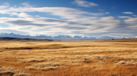 grassy plain with mountains in the background, featuring a light amber and gray color palette. this national geographic photo captures a romanticized view of the landscape, with a sky-blue and beige sky. the image, taken with a hasselblad h6d-400c, showcases fantastical dreamscapes. ai generatedの素材