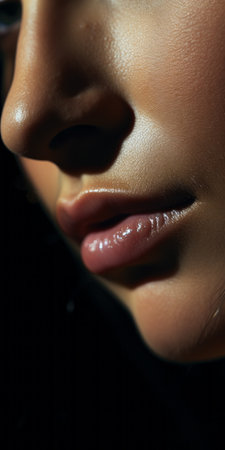 close-up of a woman applying lipstick on her lips, featuring translucent resin waves. the image showcases emotive use of light and shadow, reminiscent of the artistic styles of bill henson and luca giordano. the realistic anatomies of the lips appear smooth, shiny, and glossy. ai generatedの素材