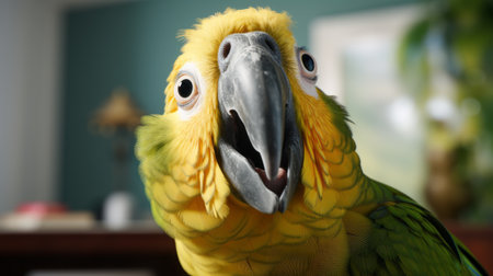 a closeup of a parrot in a green living room, rendered in unreal engine. the humorous caricature showcases dynamic and exaggerated facial expressions. the parrot's vibrant colors of dark yellow and light blue add to its lively presence. this photo can be found on flickr and is relevant to petcore enthusiasts. ai generatedの素材
