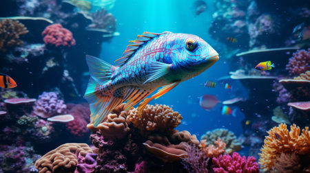a vibrant and textured photo of fish underwater in an aquarium, captured in the style of coloristic intensity. this national geographic photo showcases the baroque animals in a mesmerizing display of dark pink and blue hues. the use of photo-realistic techniques and bright colors adds to the visual appeal of this captivating image. ai generatedの素材