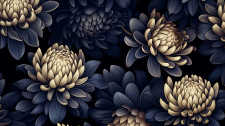 black and white chrysanthemums create a captivating seamless pattern on a dark background, perfect for use as wallpaper. this stunning design is inspired by the dark blue and bronze style of alberto seveso and the realistic hyper-detail of filip hodas. with its light navy and light gold accents, this pattern exudes a darkly romantic and incredibly beautiful aesthetic. ai generatedの素材