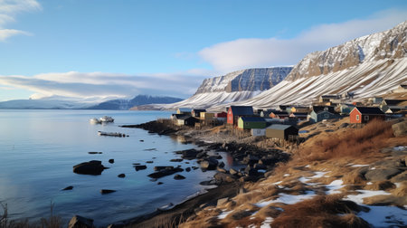 a large snow-covered area with cabins, showcasing a traditional oceanic art style in light brown and dark aquamarine. the vibrant colors reflect environmental awareness, with hints of dark yellow and light indigo. the coastal views add to the scenic beauty, enhanced by touches of dark red and light azure. ai generatedの素材