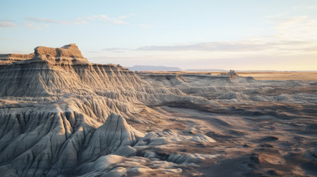a stunning 3d image captures the beauty of the badlands at sunset. created in the style of panasonic lumix s pro 50mm f14, this image showcases realistic landscapes with soft, tonal colors. the light gray and dark beige hues create a captivating contrast, while the darktable and post-processing techniques enhance the overall visual appeal. the result is a painterly scene that exudes tranquility and naturalの素材