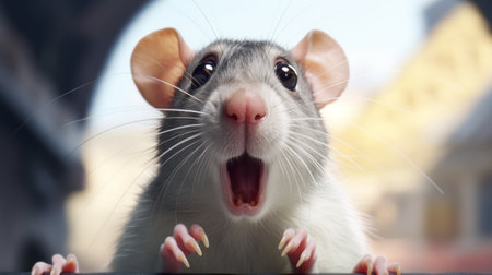 a rat with a cute and dreamy expression is captured in the street, showcasing its teeth. the hyper-realistic pop style of the octane render brings out the energetic and singular focus of the rat. this photo, a contest winner, is available under the creative commons attribution license. ai generatedの素材