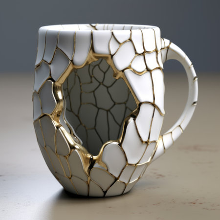 cracky coffee cup mug with a realistic hyper-detailed rendering. the cracked white and gold design showcases the use of common materials. this unique piece, created using zbrush, combines elements of net art to depict trapped emotions. ai generatedの素材