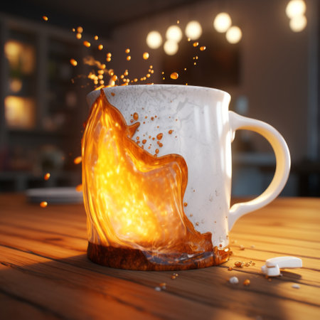 3d model of a photorealistic 3d mug with smoke erupting out of it, inspired by the style of miki asai. this emotionally charged scene, rendered by marcin sobas, showcases a melting mug in light brown and white colors. the fragmented advertising elements add a unique touch to the overall composition. ai generatedの素材
