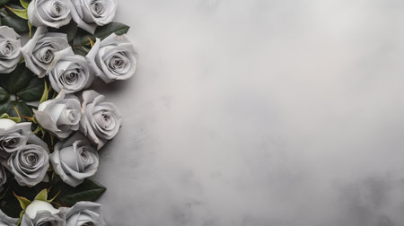 dried roses arranged on a white background with free space. the photo features a neo-concrete art style with light gray and silver tones. the background has a smokey effect, creating a unique atmosphere. this high-quality, uhd image showcases decorative borders and a matte finish, adding to its artistic appeal. ai generatedの素材