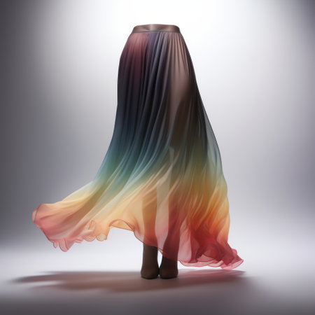 a woman wearing a vibrant, flowing long skirt stands gracefully in front of a window. this digital artwork showcases the use of gradient blends and realistic renderings of the human form. the draperies of her skirt, made of matte plastic, create a mesmerizing visual effect. ai generatedの素材