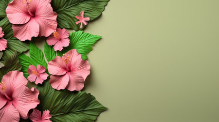 3d background featuring a pink flower and leaves, rendered in a dark beige and green color scheme. this royalty-free image is reminiscent of the style of artist fernando botero, with elements of paper cut-outs and tropical landscapes. the intricate details and symmetrical arrangements create a hyper-realistic effect, resembling detailed miniatures. ai generatedの素材