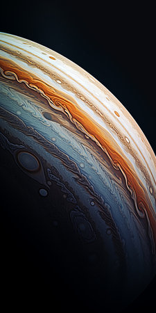 jupiter, the largest planet in our solar system, is depicted in this photo with three prominent rivers flowing in the background. the image showcases a multilayered abstraction style, characterized by precisionist lines and a color palette of dark turquoise and light orange. the use of vray tracing and subtle ink application adds depth and texture to the composition. the focus is on the joints andの素材