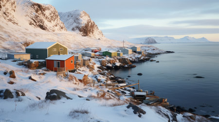 an open ocean stretches out beneath a picturesque mountain town, creating a stunning snow scene. the photo captures the beauty of the light cyan and orange hues, reminiscent of cabincore aesthetics. this national geographic photo, taken with a hasselblad h6d-400c, showcases the indigenous culture and evokes a 20th-century scandinavian style. ai generatedの素材