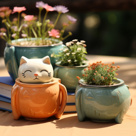 a small cat with lively facial expressions sits in a ceramic pot filled with flowers. the photo, taken in the style of light teal and light orange using a konica big mini camera, captures the pastoral charm and suburban ennui. the colors of light red and light green add to the overall aesthetic of the image. ai generatedの素材