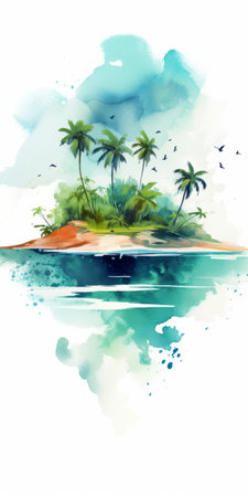 an isolated vector of an island watercolour on watercolor paper, featuring a layered and complex composition. this tropical-themed illustration showcases digitally enhanced details, saturated pigment pools, and a moody and tranquil scene. with its intricate design and vibrant colors, it's no wonder this artwork was a contest winner. ai generatedの素材