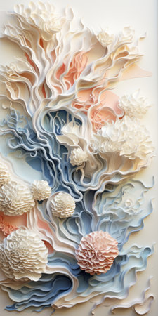 a close-up photo of a paper art piece created by a paper artist, featuring intricate floral arrangements made from tree branches. the art is done in the style of rococo, with pastel colors, fluid formations, and radiant clusters in white and blue. there are also hints of light orange and white, adding to the overall beauty of the piece. ai generatedの素材
