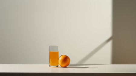 a bottle of orange juice sits beside a vibrant orange fruit in this photograph inspired by the artistic style of philip mckay. shot on 70mm film, the image showcases a linear simplicity reminiscent of sana takeda's work. the use of ray tracing adds depth and realism, while the playful interplay of light and shadow pays homage to the techniques of jean fouquet. ai generatedの素材