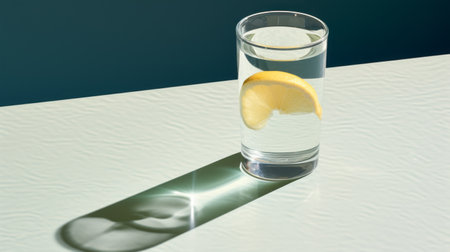 a glass with a slice of lemon, captured in a realistic portrayal of light and shadow. the image showcases a combination of light gray and aquamarine tones, reminiscent of the bauhaus photography style. the hyper-realistic water and the use of kodak colorplus film add depth to the flat form of the glass. sunrays beautifully shine upon the lemon, enhancing its vibrant colors. ai generatedの素材