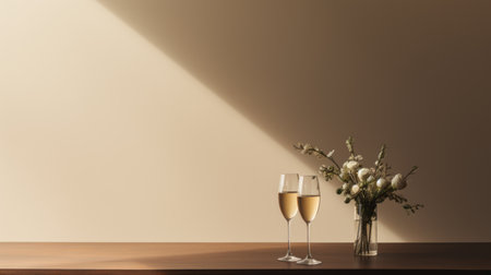 three glasses of champagne are elegantly placed on a table, accompanied by a beautiful bouquet of flowers. the image showcases a captivating play of light and shadow, created using the unreal engine. with a minimalistic japanese aesthetic, this uhd image by john sloane features a soothing color palette of white and beige, capturing a serene and enchanting atmosphere. ai generatedの素材
