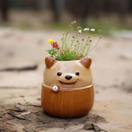 plants in brown pot with small rambo shaped bear, japanese photography style, lively facial expressions, focus stacking, caninecore, traditional vietnamese, porcelain, light yellow, light orange. ai generatedの素材