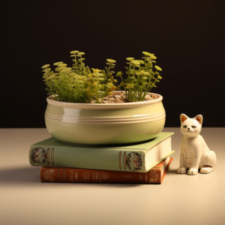a cat sits gracefully inside a charming tea cup, creating a delightful scene. this visually stunning image showcases the intricate details achieved through vray tracing and the artistic style of detailed botanical studies. rendered in unreal engine, the composition features books and portfolios in the background, complementing the light green and white color palette. the adorable toy sculptures add a touch of whimsy, reminiscent ofの素材