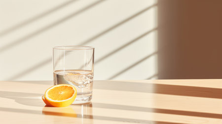 a photo of a stylishly designed glass with water, featuring a light orange and gray color scheme. this image captures the essence of everyday life, showcasing a striking contrast between light and shadow. the composition is linear and airy, with minimal retouching applied. it is a tabletop photography piece rendered in unreal engine. ai generatedの素材