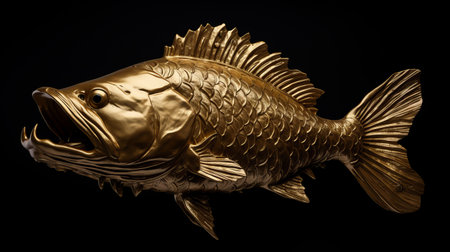 a gold fish with teeth, reminiscent of monumental sculptures by orazio gentileschi and justin gaffrey, is captured against a striking black background. this unique artwork, commissioned in the style of etienne maurice falconet, combines elements of traditional vietnamese aesthetics. the photograph was taken using a pentax k1000 camera. ai generatedの素材