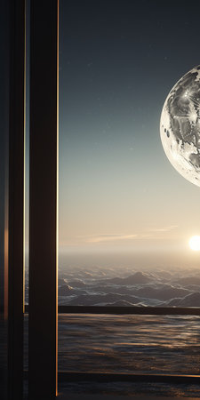 a stunning photograph captures a breathtaking view of a full moon of a distant planet through a futuristic window. the image showcases elements of environmental portraiture, with metallic finishes adding a touch of modernity. rendered with octane render, the expansive landscape creates a sense of awe. this captivating photo, with its selective focus, has rightfully earned the title of contest winner. ai generatedの素材